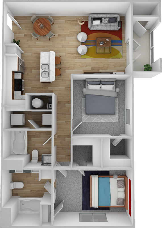 B1 floor plan - 2 bed 2 bath - 999 sq ft