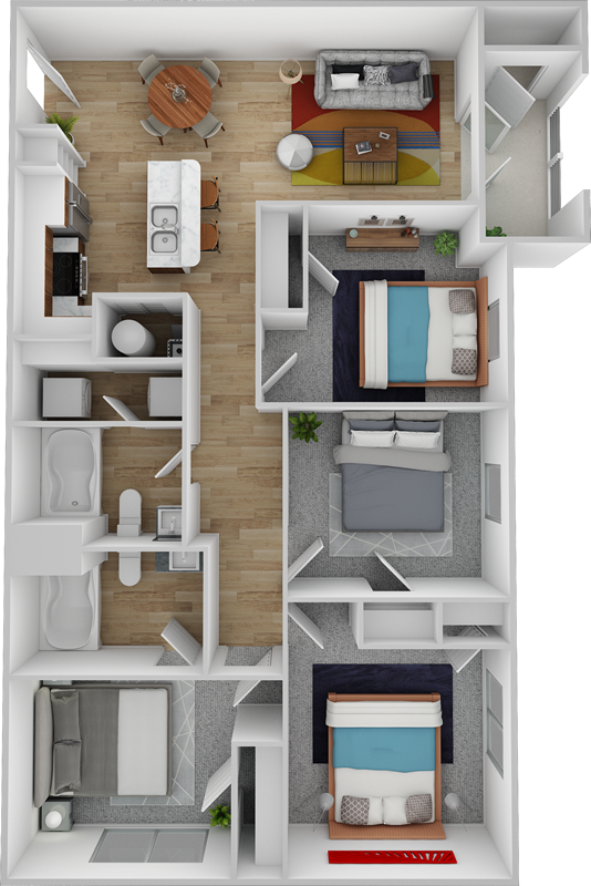 D1 floor plan - 4 bed 2 bath - 1,218 sq ft